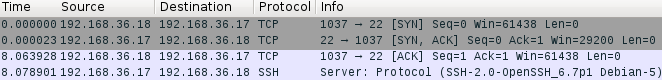 Wireshark screenshot of the SSH server's response to a valid connection